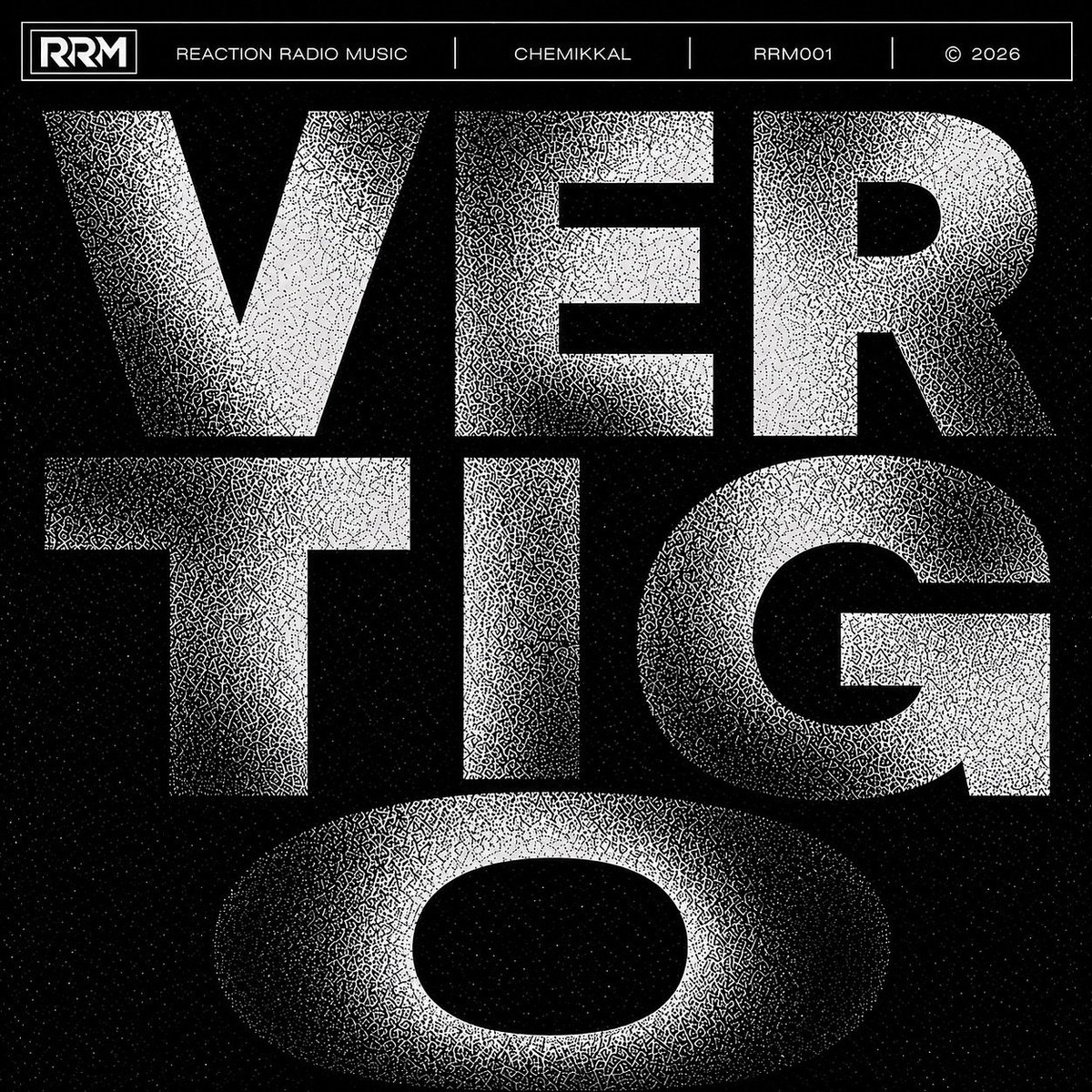 Vertigo album cover with large textured letters on a black background, RRM and Chemikkal Records branding at top